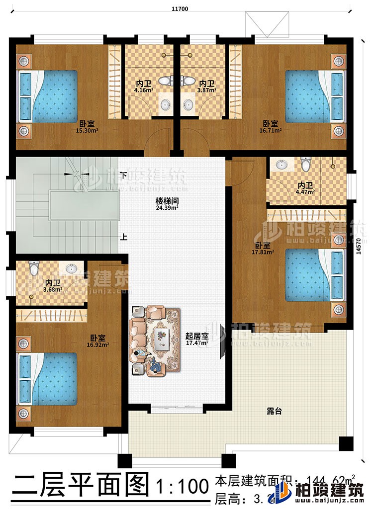 二層：起居室、樓梯間、4臥室、4內(nèi)衛(wèi)、露臺