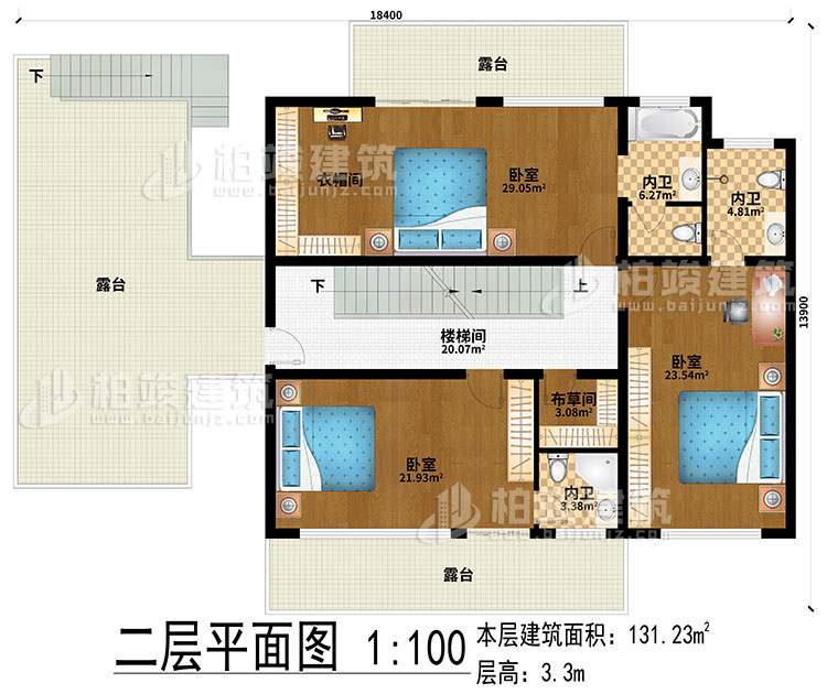 二層：樓梯間、3臥室、衣帽間、布草間、3內(nèi)衛(wèi)、3露臺