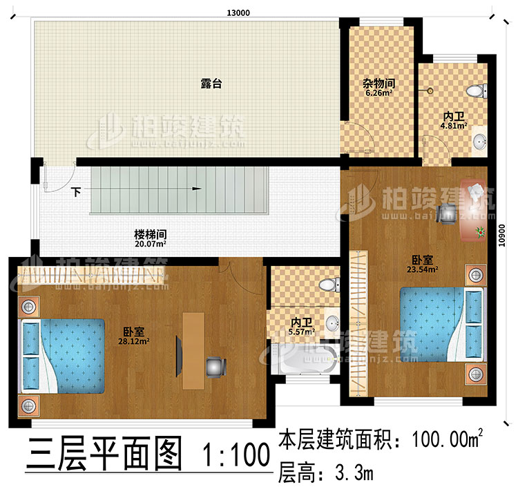 三層：2臥室、樓梯間、露臺、2內(nèi)衛(wèi)、雜物間