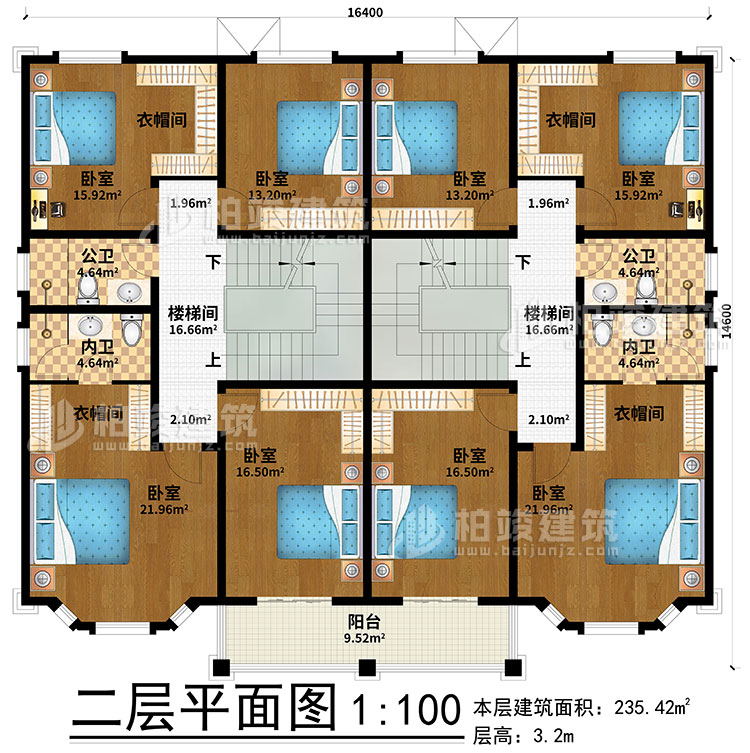 二層：2樓梯間、8臥室、4衣帽間、2公衛(wèi)、2內(nèi)衛(wèi)、陽臺