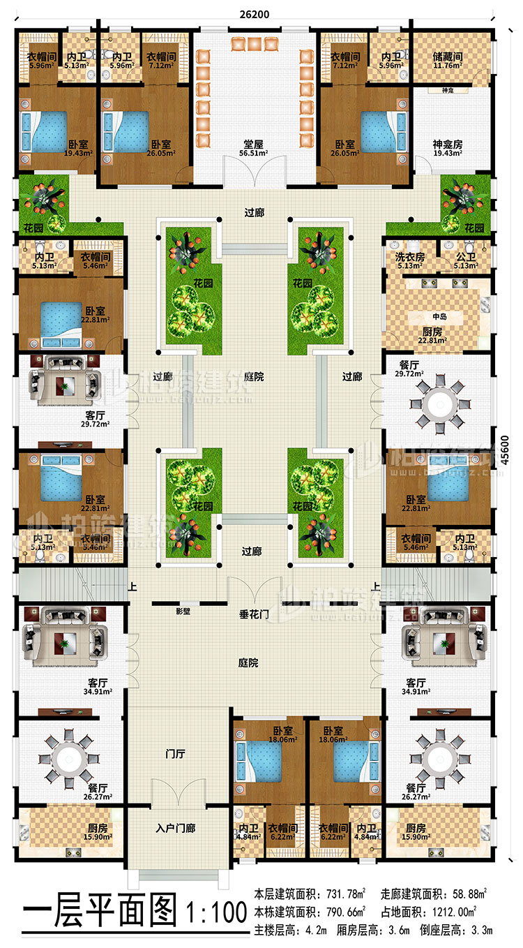 一層：入戶門廊、門廳、3餐廳、3廚房、3客廳、堂屋、神龕、神龕房、儲物間、6花園、4過廊、2庭院、影壁、垂花門、中島、洗衣房、公衛(wèi)、8臥室、8衣帽間、8內(nèi)衛(wèi)