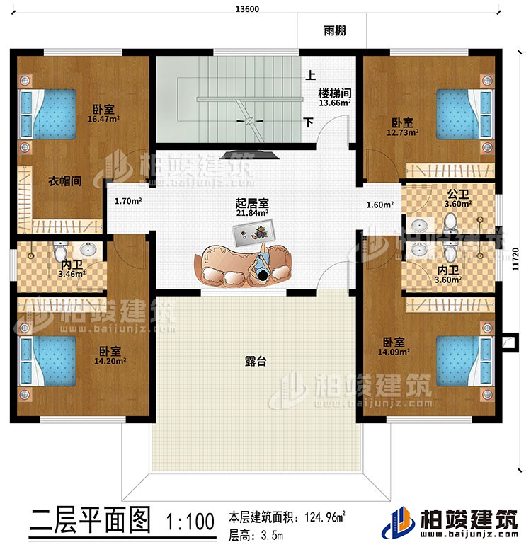 二層：起居室、樓梯間、4臥室、衣帽間、公衛(wèi)、2內(nèi)衛(wèi)、露臺(tái)、雨棚