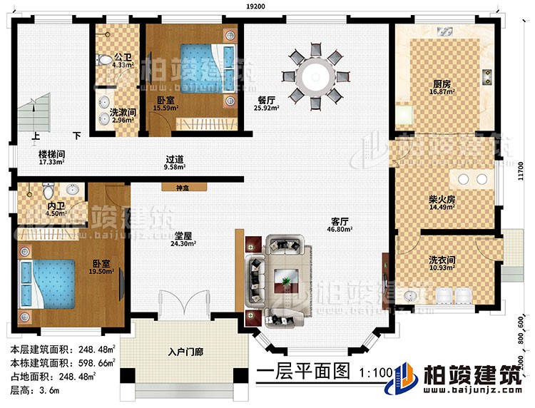 一層：入戶門廊、堂屋、神龕、客廳、餐廳、廚房、柴火房、2臥室、洗漱間、洗衣間、公衛(wèi)、內衛(wèi)、過道、樓梯間