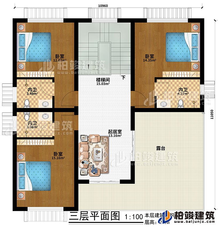 三層：起居室、樓梯間、3臥室、3內(nèi)衛(wèi)、露臺