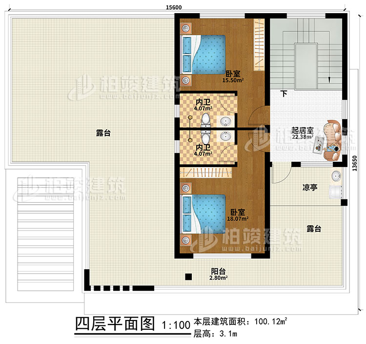 四層：起居室、2臥室、2內(nèi)衛(wèi)、涼亭、陽臺、2露臺