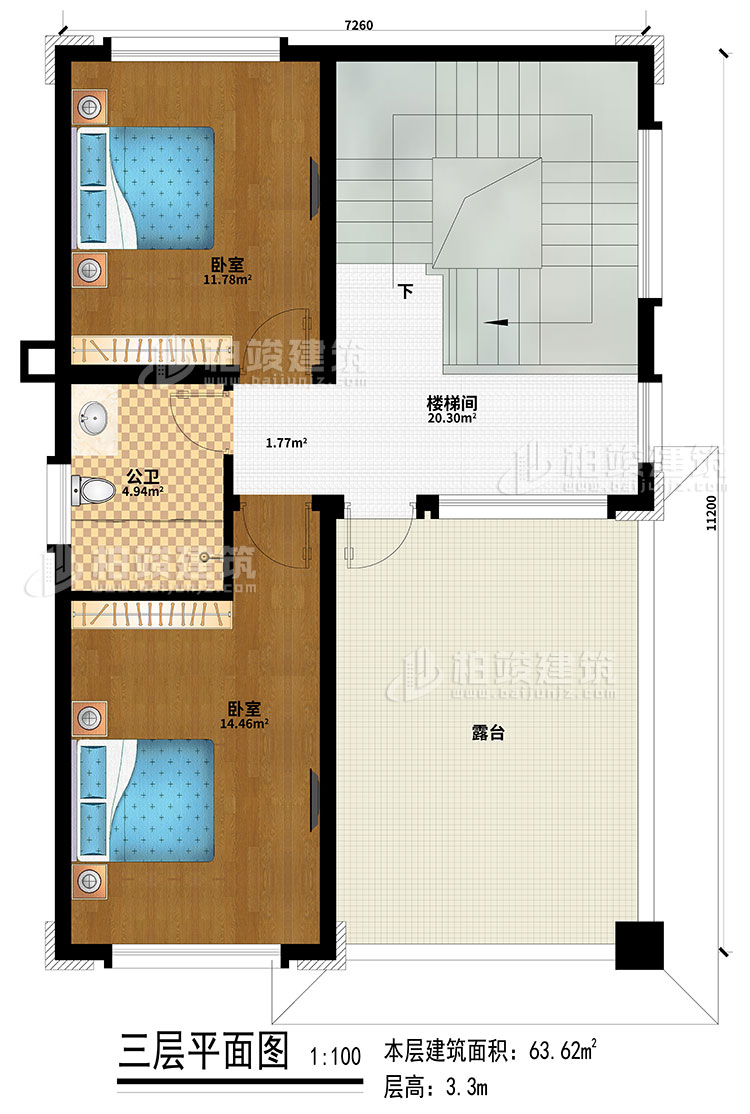 三層：2臥室、樓梯間、公衛(wèi)、露臺