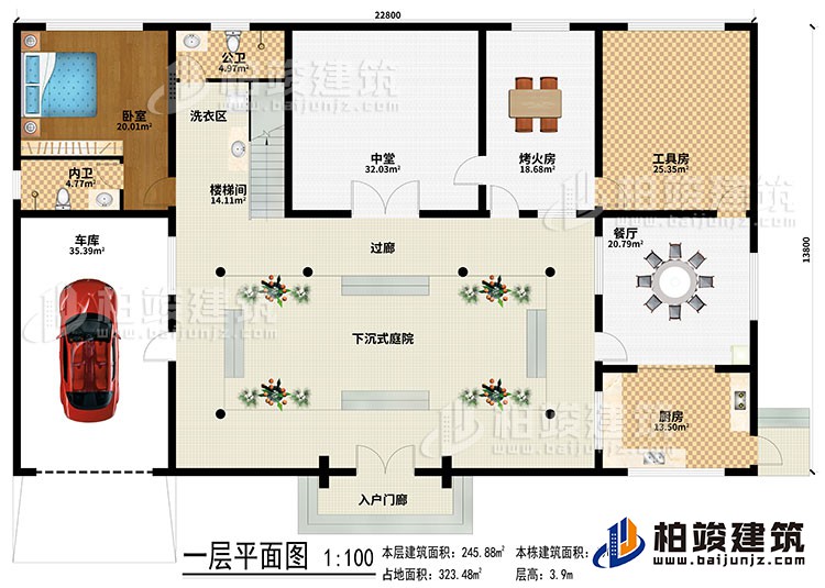 一層：入戶門廊、下沉式庭院、樓梯間、洗衣區(qū)、中堂、烤火房、工具房、餐廳、廚房、車庫、臥室、內衛(wèi)、過廊