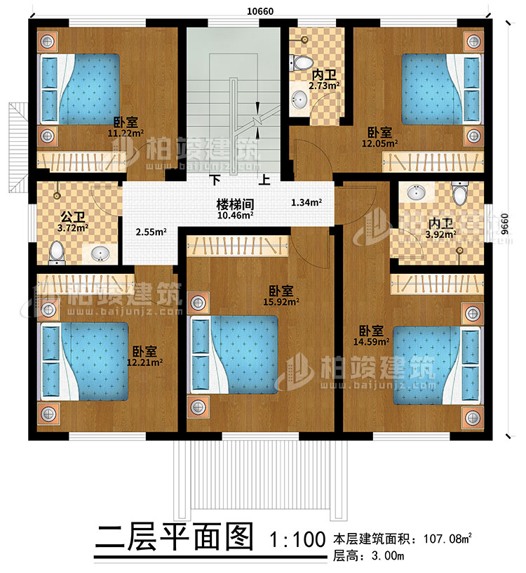 二層：5臥室、樓梯間、2內(nèi)衛(wèi)、公衛(wèi)