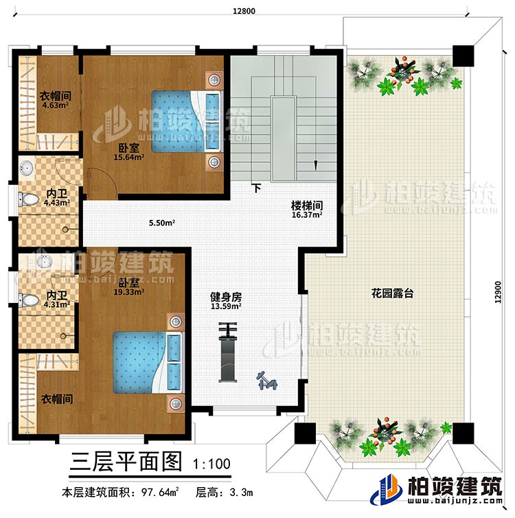 三層：健身房、樓梯間、2臥室、2衣帽間、2內(nèi)衛(wèi)、花園露臺