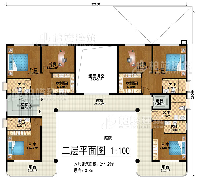 二層：堂屋挑空、過廊、樓梯間、電梯、4臥室、2衣帽間、2書房、4內(nèi)衛(wèi)、公衛(wèi)、2陽臺