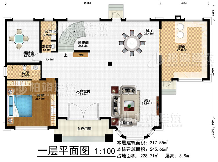 一層：樓梯間、3臥室、衣帽間、公衛(wèi)、內(nèi)衛(wèi)、陽光房、涼亭、2露臺