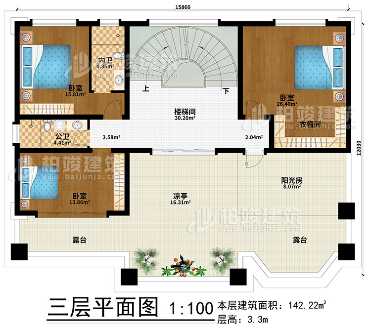 三層：樓梯間、3臥室、衣帽間、公衛(wèi)、內(nèi)衛(wèi)、陽光房、涼亭、2露臺