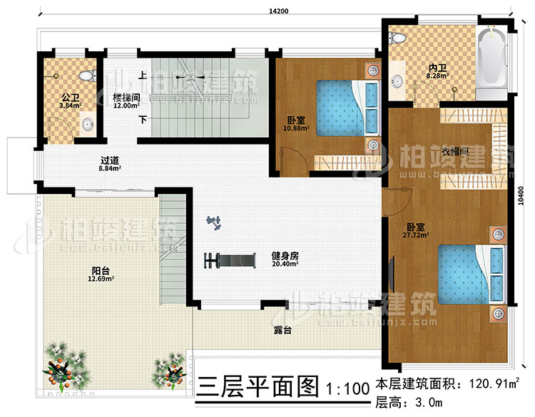 三層：健身房、樓梯間、2臥室、衣帽間、過(guò)道、公衛(wèi)、內(nèi)衛(wèi)、陽(yáng)臺(tái)、露臺(tái)