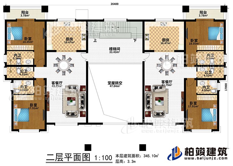 二層：堂屋挑空、樓梯間、2廚房、2客餐廳、4臥室、2公衛(wèi)、4內(nèi)衛(wèi)、2陽臺