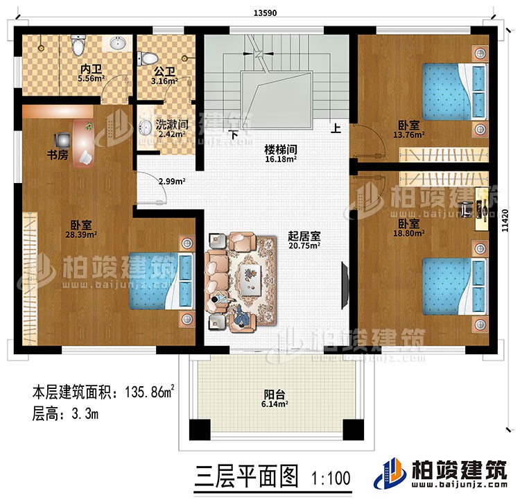 三層：樓梯間、起居室、洗漱間、3臥室、書房、公衛(wèi)、內(nèi)衛(wèi)、陽臺(tái)