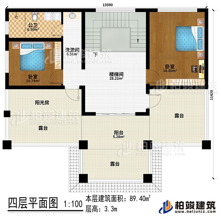 四層：樓梯間、洗漱間、2臥室、陽光房、公衛(wèi)、陽臺(tái)、3露臺(tái)