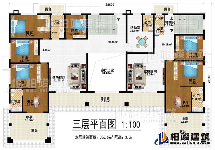 三層：多功能廳、客廳上空、家庭影院、6臥室、2書房、活動(dòng)室、3公衛(wèi)、2內(nèi)衛(wèi)、4露臺(tái)、2涼亭、外走廊、樓梯間