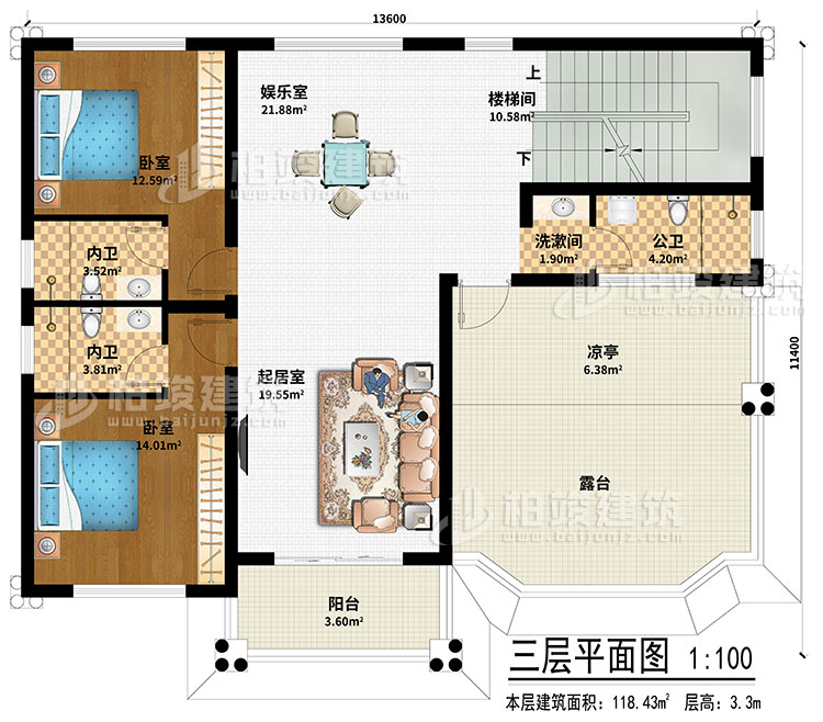 三層：起居室、娛樂室、樓梯間、2臥室、洗漱間、公衛(wèi)、2內(nèi)衛(wèi)、涼亭、陽臺、露臺