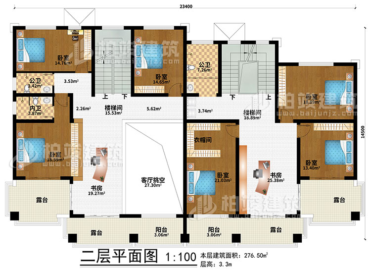 二層：2樓梯間、2書房、客廳挑空、6臥室、2公衛(wèi)、內(nèi)衛(wèi)、2陽臺(tái)、4露臺(tái)、衣帽間