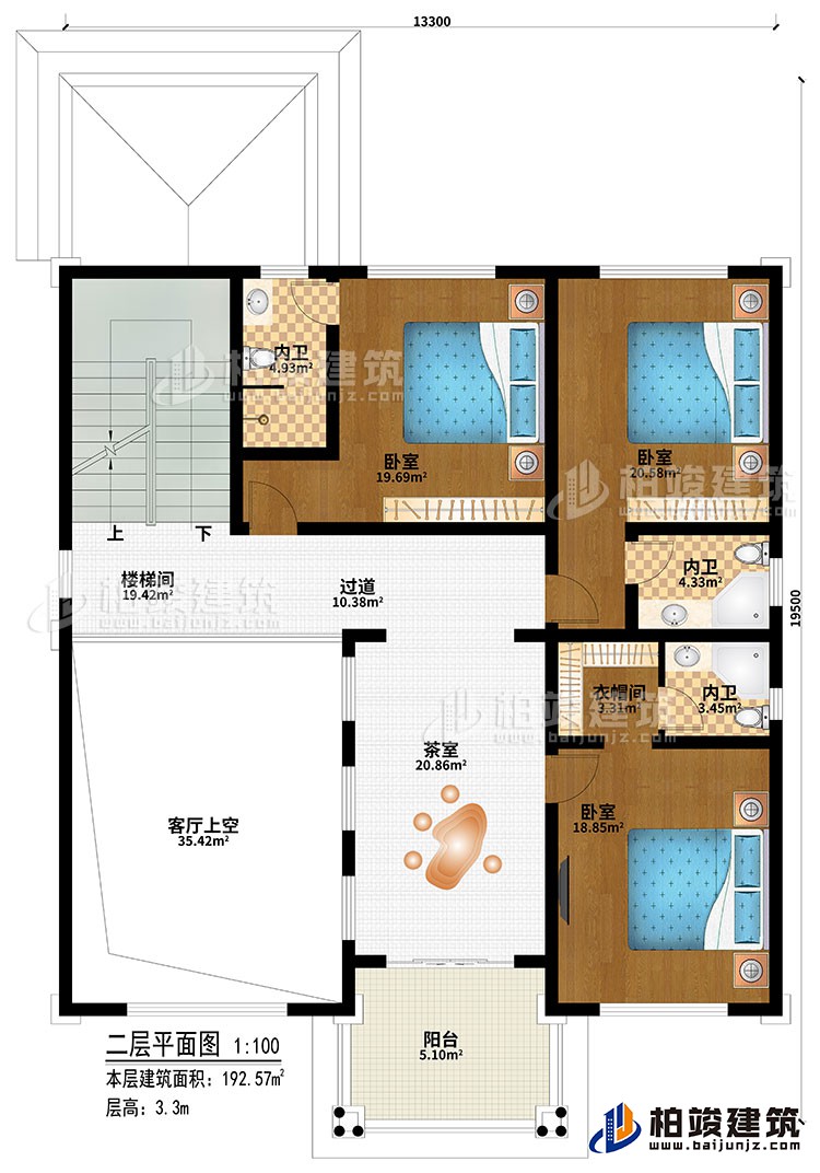 二層：樓梯間、3臥室、過道、茶室、客廳上空、衣帽間、3內(nèi)衛(wèi)、陽臺(tái)