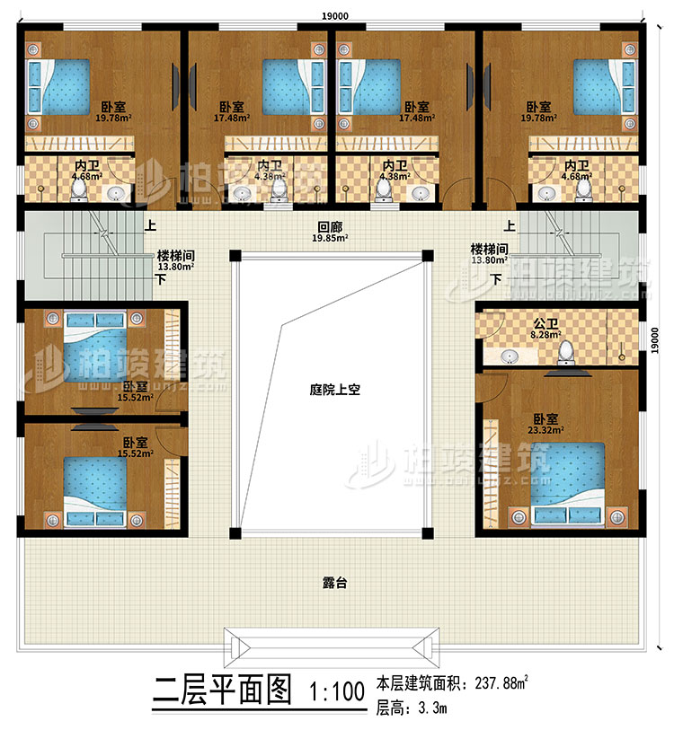 二層：回廊、露臺、庭院上空、2樓梯間、7臥室、4內(nèi)衛(wèi)、公衛(wèi)