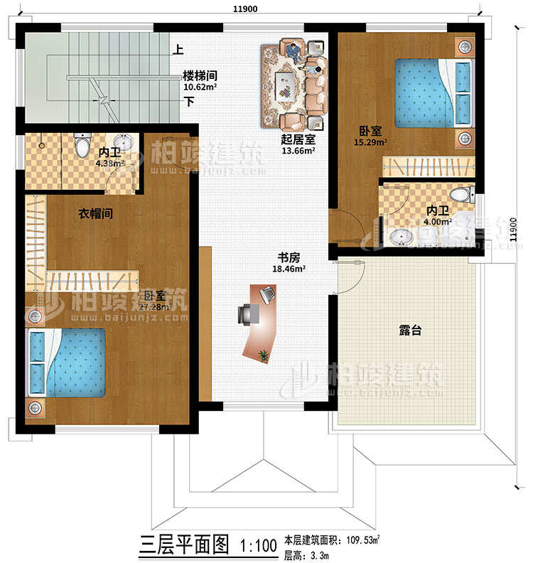 三層：2臥室、起居室、樓梯間、衣帽間、書房、2內衛(wèi)、露臺