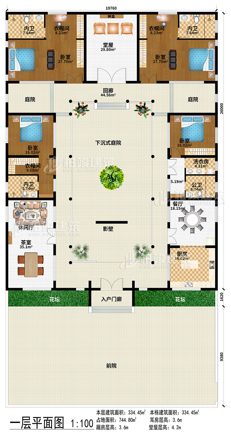 一層：前院、入戶門廊、影壁、下沉式庭院、回廊、2庭院、茶室、休閑廳、餐廳、廚房、堂屋、神龕、4臥室、3衣帽間、3內(nèi)衛(wèi)、公衛(wèi)、洗衣房