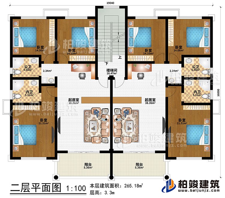 二層：2起居室、樓梯間、6臥室、2公衛(wèi)、2內(nèi)衛(wèi)、2陽(yáng)臺(tái)