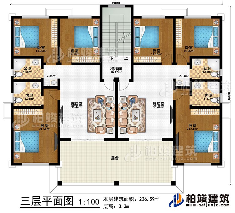 三層：2起居室、樓梯間、6臥室、2公衛(wèi)、2內(nèi)衛(wèi)、露臺(tái)