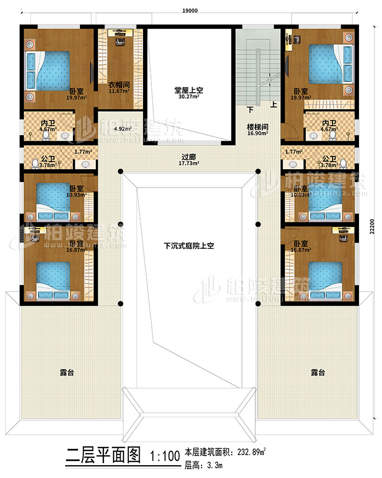 二層：下沉式庭院上空、堂屋上空、樓梯間、過廊、6臥室、衣帽間、2公衛(wèi)、2內衛(wèi)、露臺