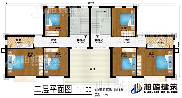 二層：2樓梯間、6臥室、2公衛(wèi)、2過道、露臺(tái)