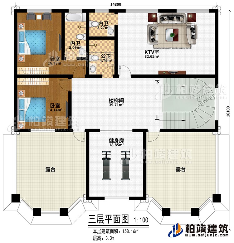 三層：2臥室、KTV室、樓梯間、健身房、公衛(wèi)、2內(nèi)衛(wèi)、2露臺(tái)