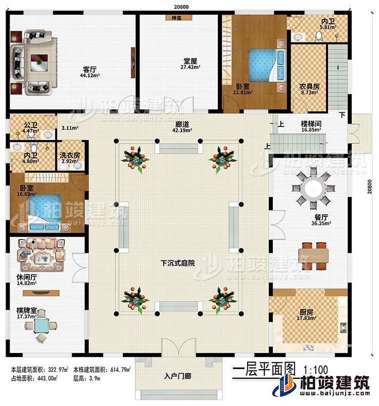 一層：入戶門廊、下沉式庭院、廊道、堂屋、神龕、客廳、餐廳、廚房、休閑廳、棋牌室、農(nóng)具房、樓梯間、2臥室、2內(nèi)衛(wèi)、公衛(wèi)、洗衣房