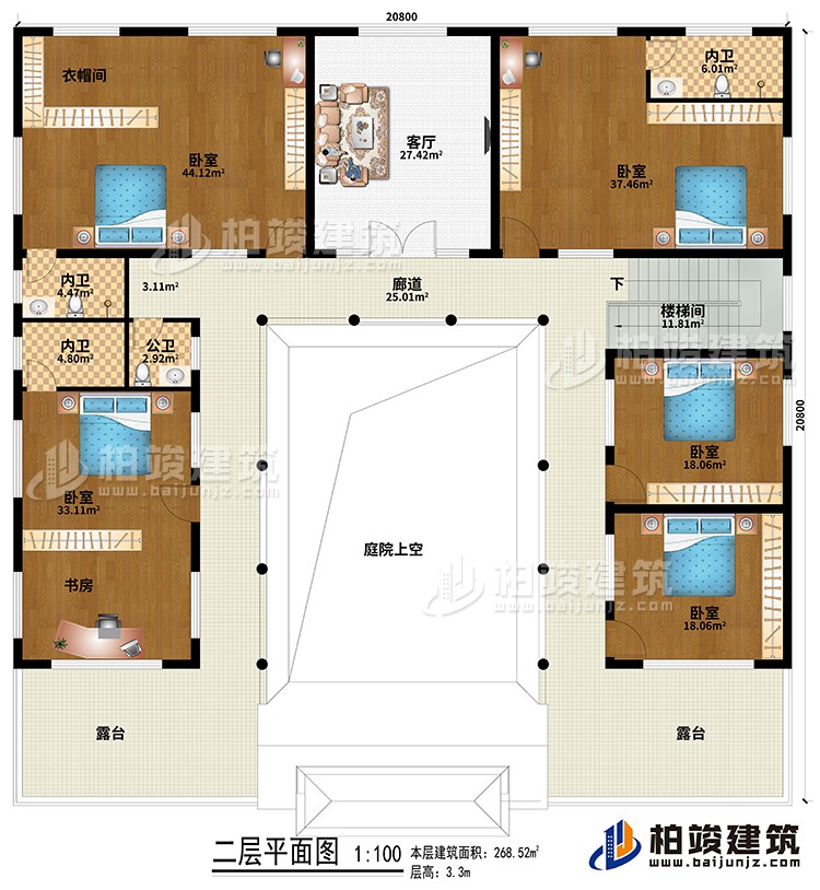 二層：樓梯間、廊道、庭院上空、客廳、5臥室、衣帽間、書房、3內(nèi)衛(wèi)、公衛(wèi)、2露臺(tái)