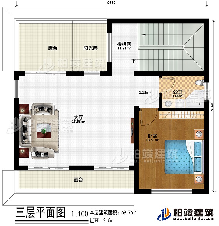 三層：樓梯間、大廳、臥室、公衛(wèi)、陽光房、2露臺