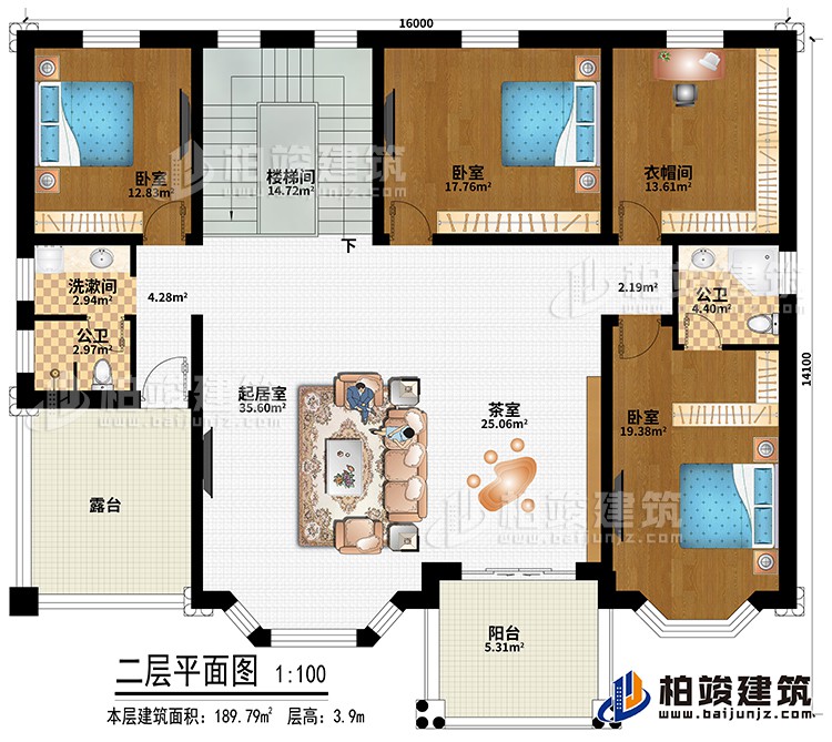 二層：樓梯間、起居室、茶室、3臥室、衣帽間、洗漱間、公衛(wèi)、內(nèi)衛(wèi)、陽(yáng)臺(tái)、露臺(tái)