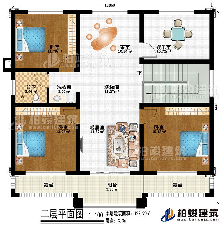 二層：樓梯間、起居室、茶室、3臥室、娛樂室、洗衣房、公衛(wèi)、陽臺、2露臺