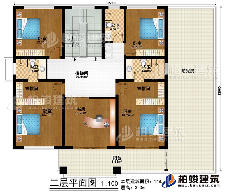 二層：樓梯間、4臥室、書房、2衣帽間、公衛(wèi)、2內(nèi)衛(wèi)、陽臺、陽光房