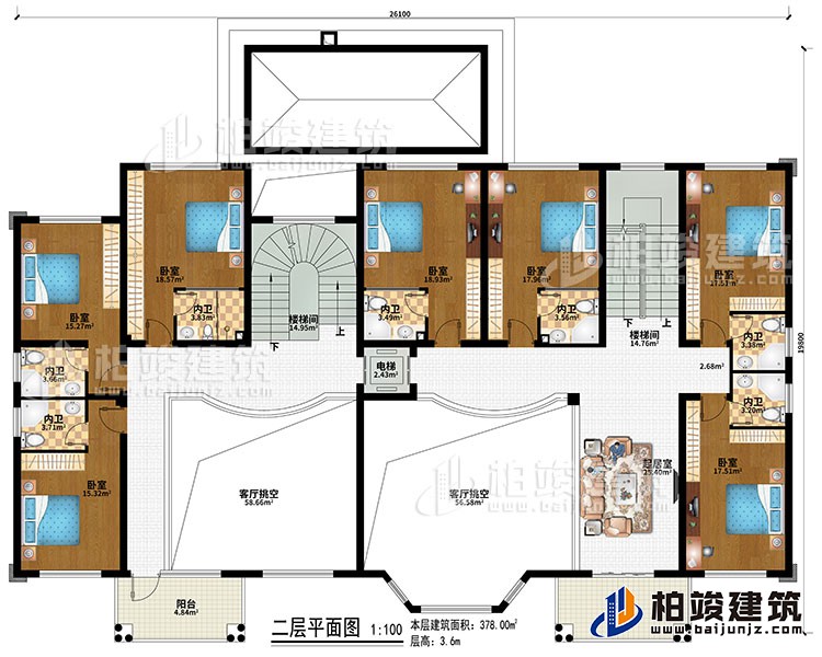 二層：2樓梯間、2客廳挑空、起居室、7臥室、7內(nèi)衛(wèi)、電梯、2陽臺