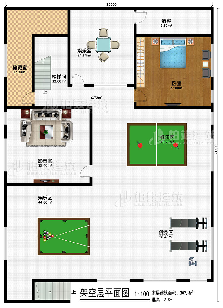 架空層：儲(chǔ)藏室、樓梯間、娛樂(lè)室、酒窖、臥室、影音室、2娛樂(lè)區(qū)、健身區(qū)