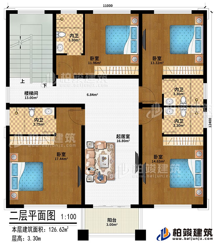 二層：起居室、樓梯間、4臥室、4內(nèi)衛(wèi)、陽(yáng)臺(tái)