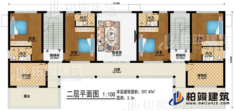 二層：起居室、2樓梯間、4臥室、4內(nèi)衛(wèi)、2儲物間、過廊、2露臺