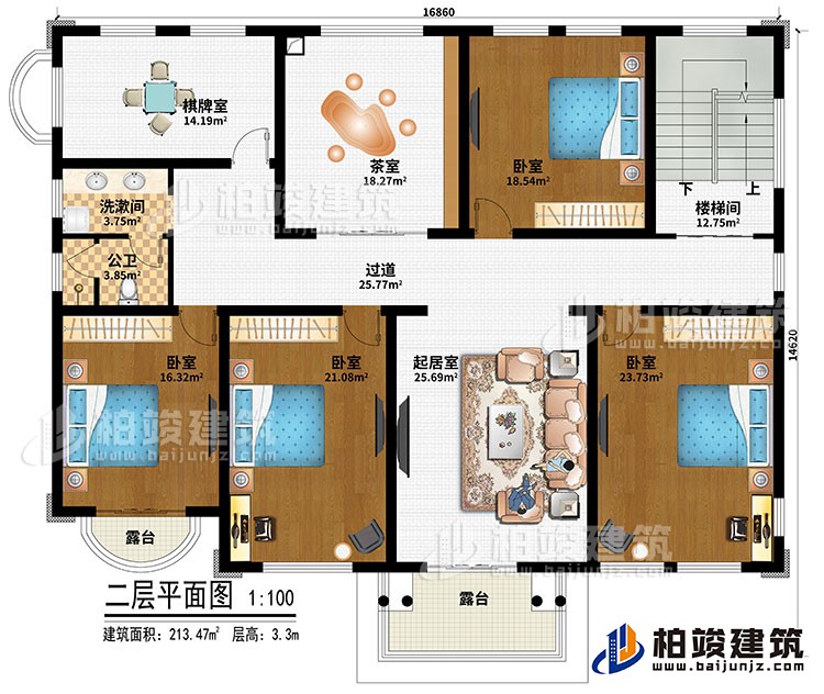 二層：樓梯間、起居室、過道、茶室、棋牌室、4臥室、洗漱間、公衛(wèi)、2露臺