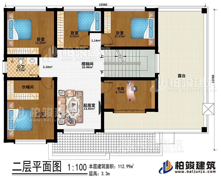 二層：樓梯間、起居室、4臥室、衣帽間、書房、公衛(wèi)、露臺